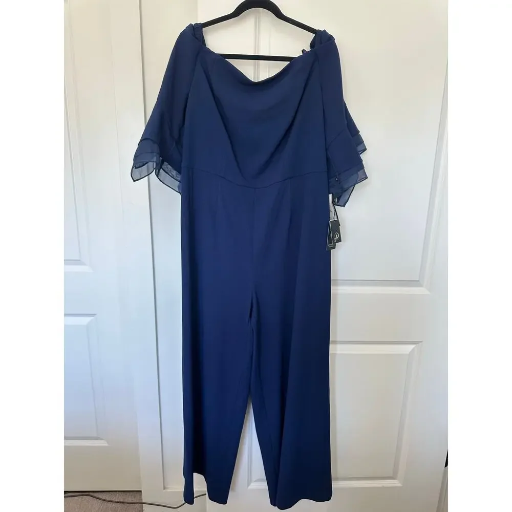 NWT! Adrianna Papell (18W) Navy Off-The-Shoulder Jumpsuit Organza Sleeve MOTB - Picture 3 of 10